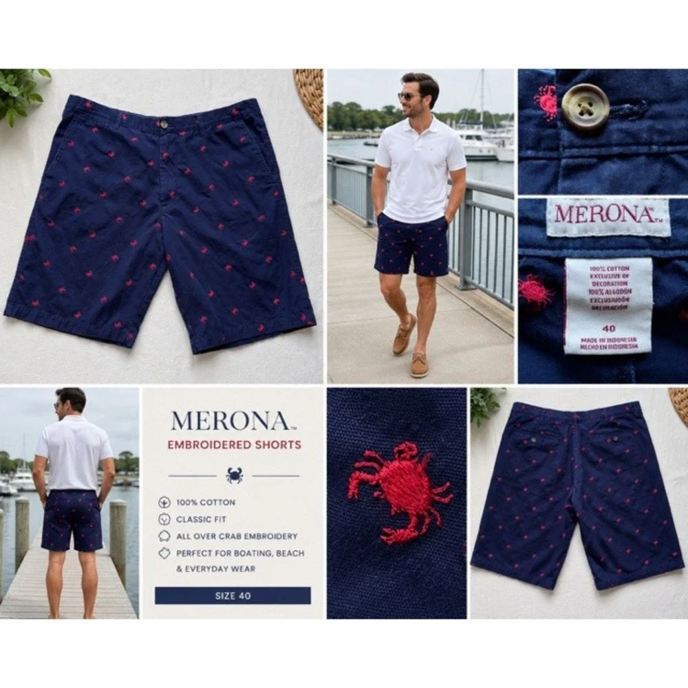 Merona Mens Navy Blue Red Crab Embroidered Shorts Size 40 Cotton preppy Nautical